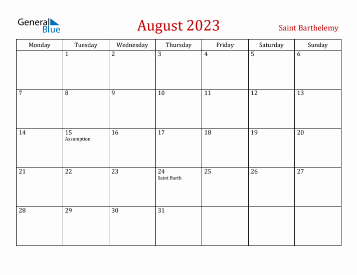 Saint Barthelemy August 2023 Calendar - Monday Start