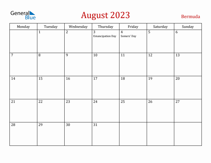 Bermuda August 2023 Calendar - Monday Start