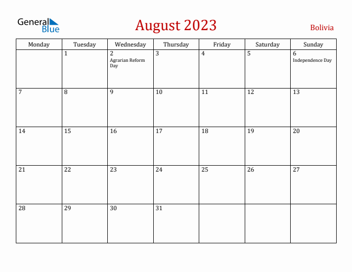 Bolivia August 2023 Calendar - Monday Start