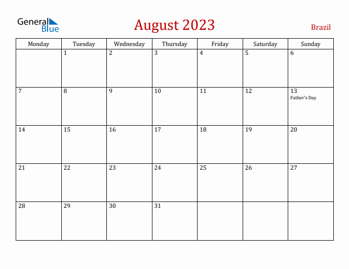 Brazil August 2023 Calendar - Monday Start