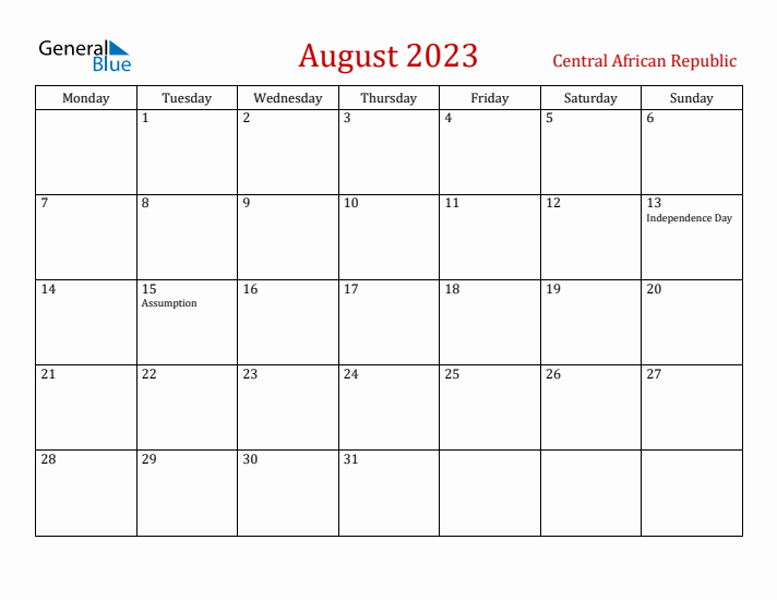 Central African Republic August 2023 Calendar - Monday Start