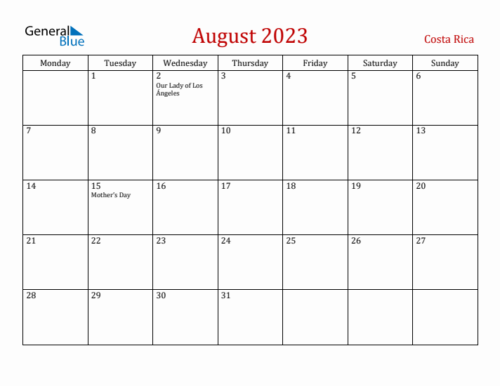 Costa Rica August 2023 Calendar - Monday Start