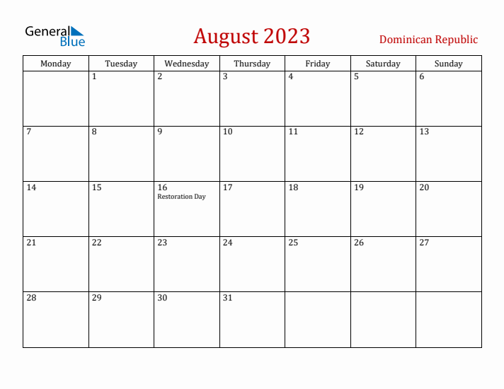 Dominican Republic August 2023 Calendar - Monday Start
