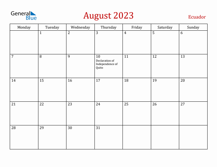 Ecuador August 2023 Calendar - Monday Start