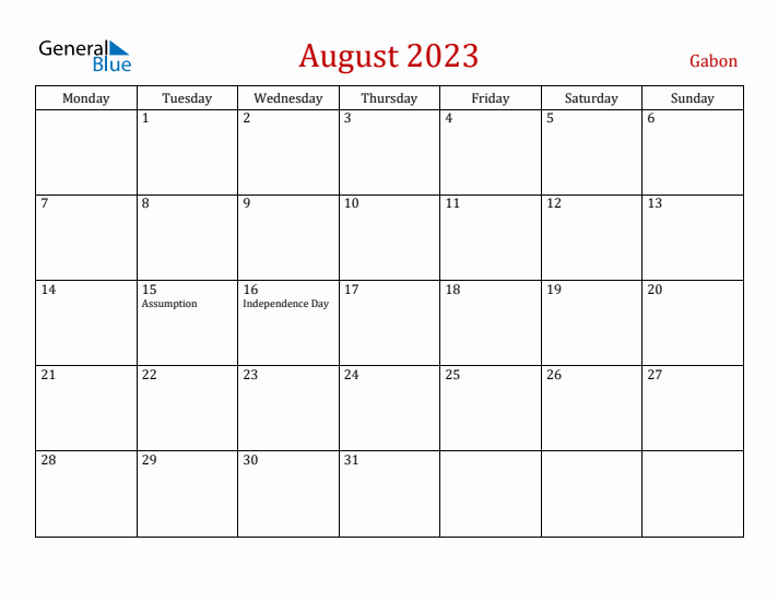 Gabon August 2023 Calendar - Monday Start