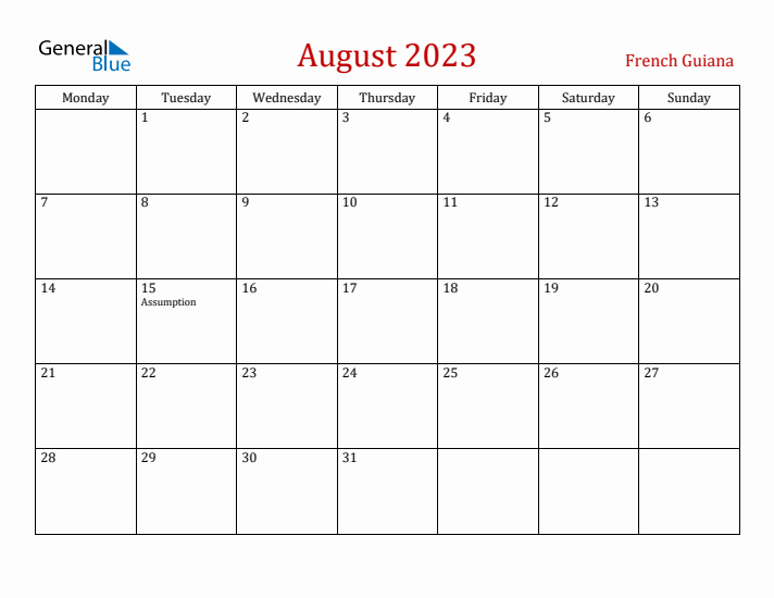 French Guiana August 2023 Calendar - Monday Start