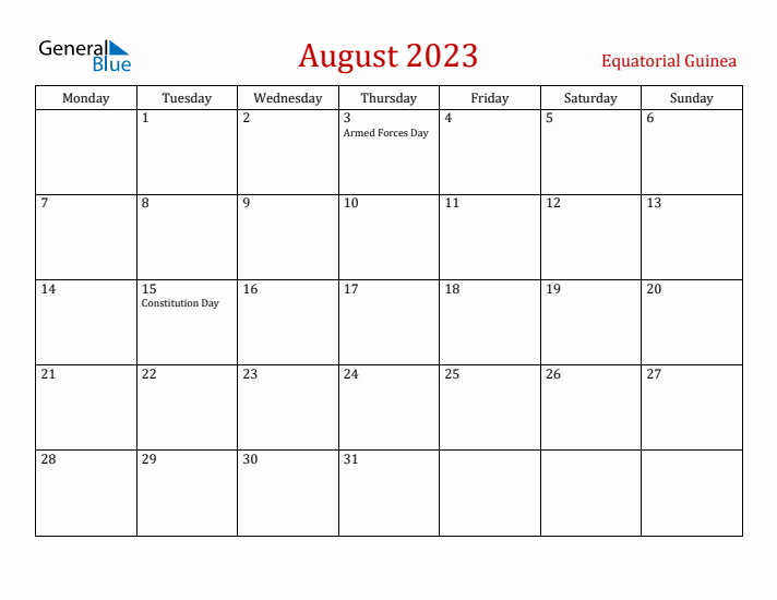 Equatorial Guinea August 2023 Calendar - Monday Start