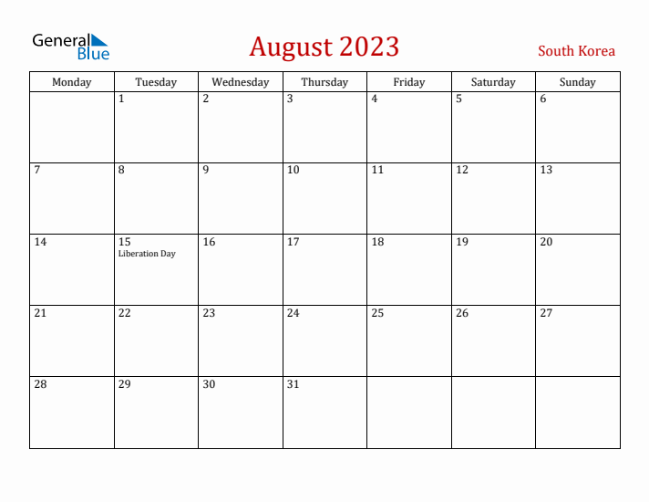 South Korea August 2023 Calendar - Monday Start