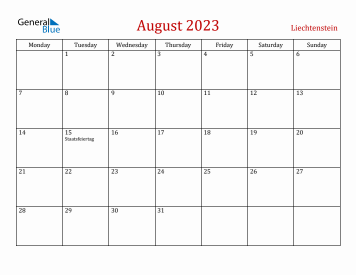 Liechtenstein August 2023 Calendar - Monday Start