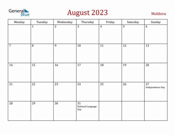 Moldova August 2023 Calendar - Monday Start