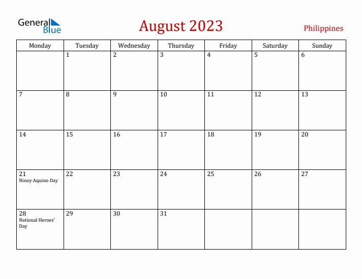 Philippines August 2023 Calendar - Monday Start