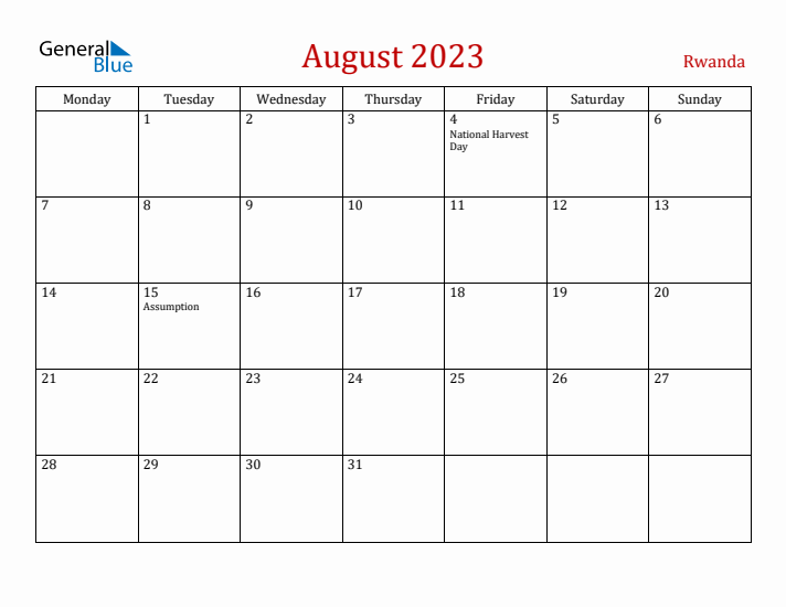 Rwanda August 2023 Calendar - Monday Start