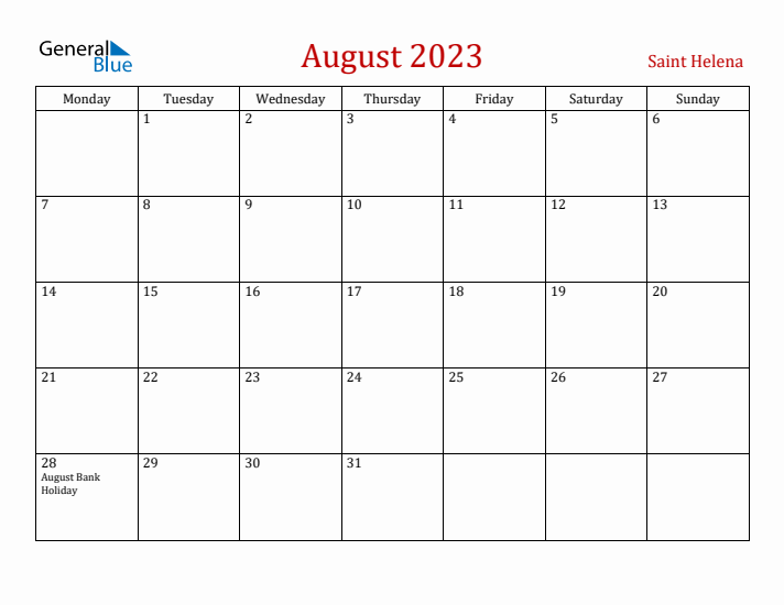 Saint Helena August 2023 Calendar - Monday Start