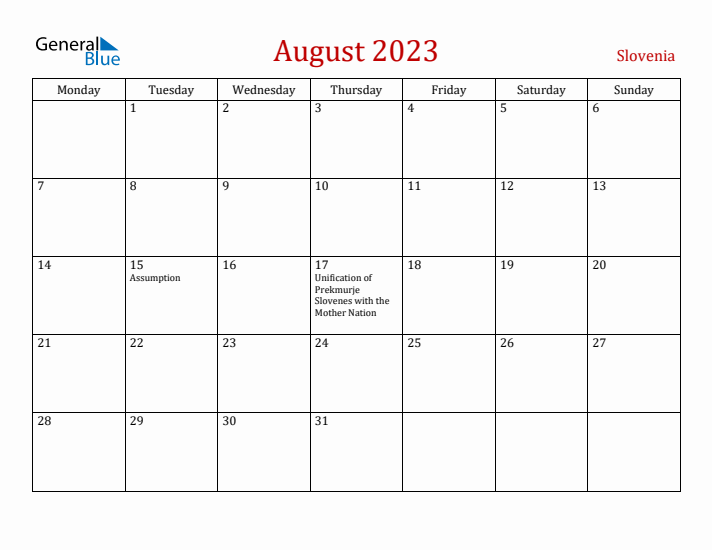 Slovenia August 2023 Calendar - Monday Start