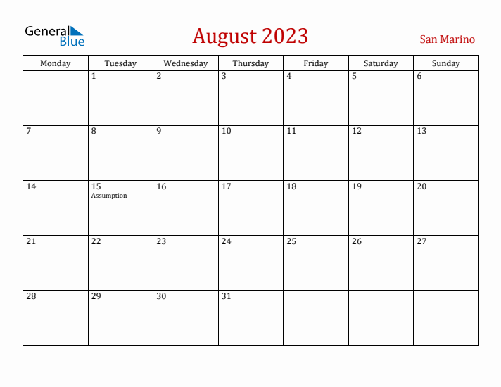 San Marino August 2023 Calendar - Monday Start