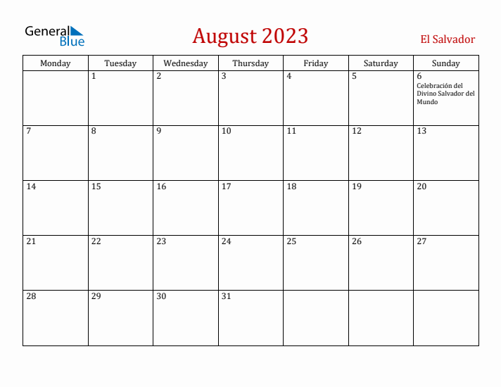 El Salvador August 2023 Calendar - Monday Start
