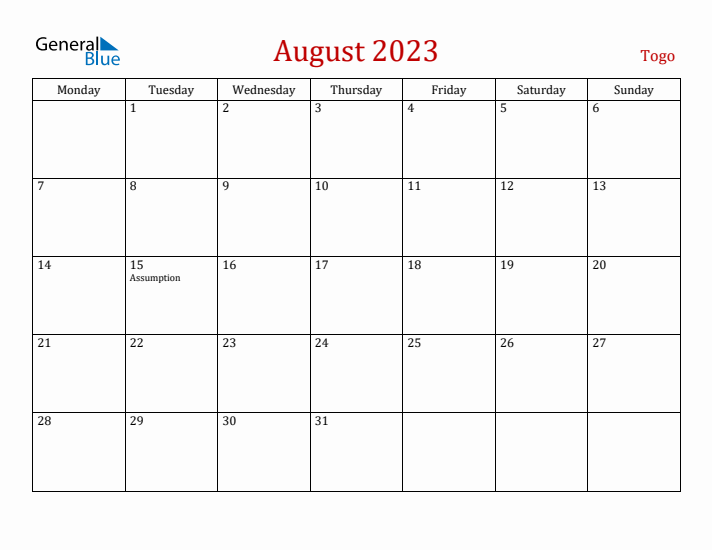 Togo August 2023 Calendar - Monday Start