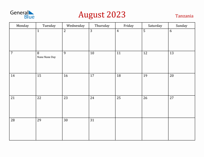 Tanzania August 2023 Calendar - Monday Start