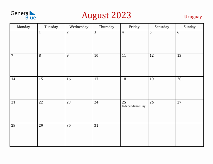 Uruguay August 2023 Calendar - Monday Start