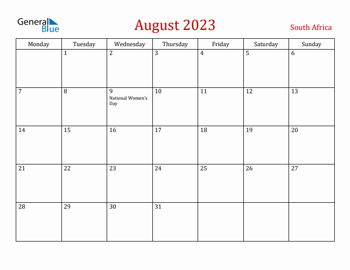 South Africa August 2023 Calendar - Monday Start