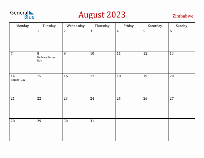 Zimbabwe August 2023 Calendar - Monday Start