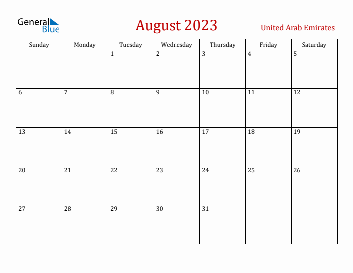 United Arab Emirates August 2023 Calendar - Sunday Start