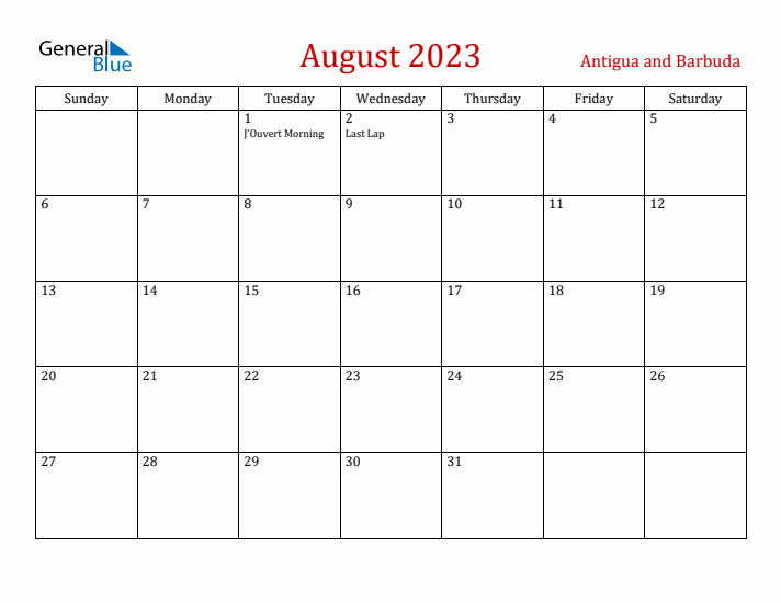 Antigua and Barbuda August 2023 Calendar - Sunday Start