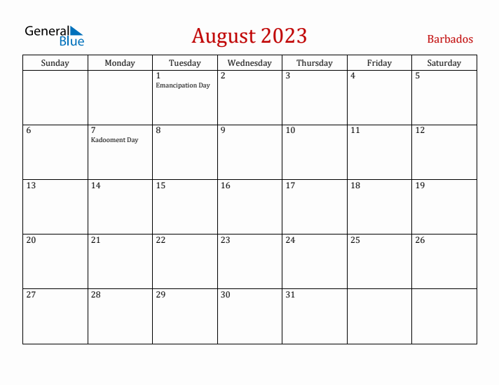 Barbados August 2023 Calendar - Sunday Start