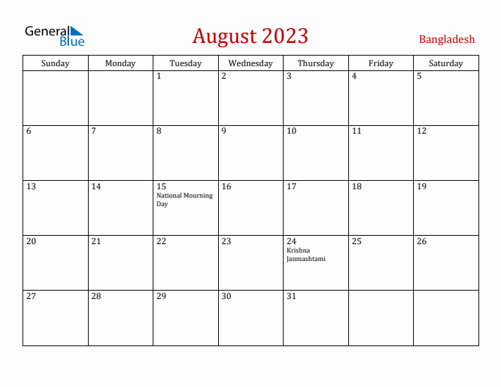 Bangladesh August 2023 Calendar - Sunday Start