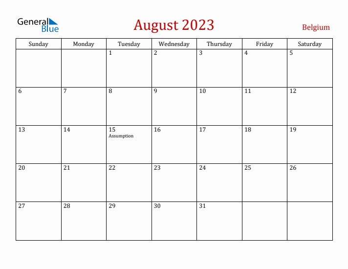 Belgium August 2023 Calendar - Sunday Start