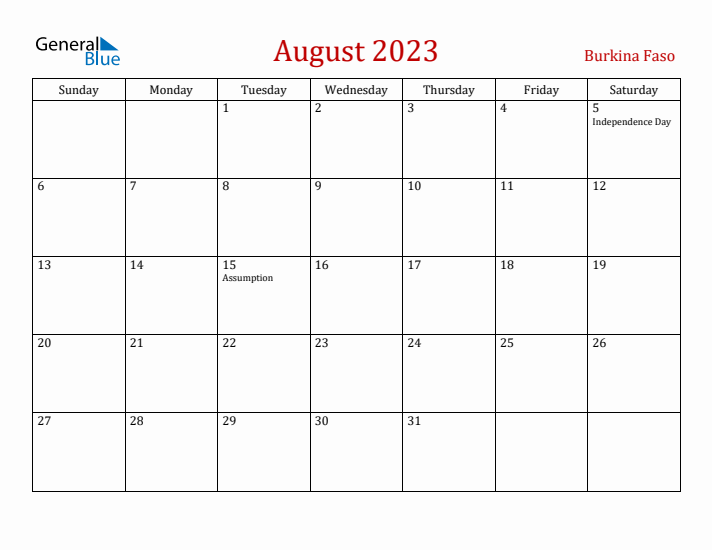 Burkina Faso August 2023 Calendar - Sunday Start
