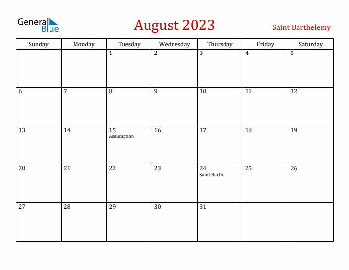 Saint Barthelemy August 2023 Calendar - Sunday Start