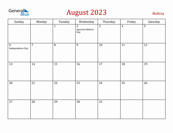 Bolivia August 2023 Calendar - Sunday Start