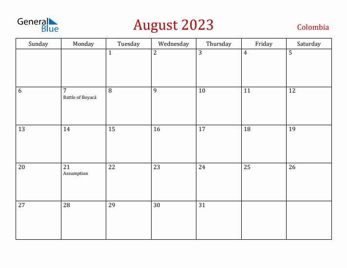 Colombia August 2023 Calendar - Sunday Start