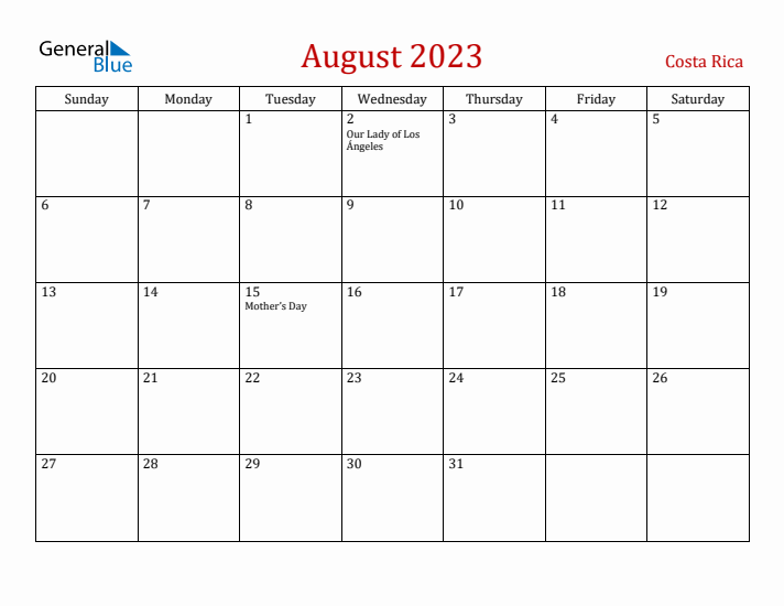 Costa Rica August 2023 Calendar - Sunday Start