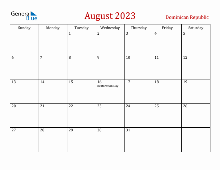 Dominican Republic August 2023 Calendar - Sunday Start