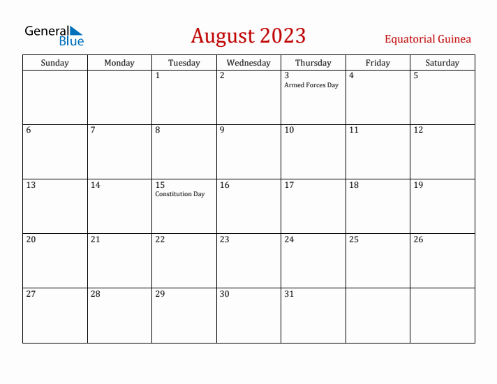 Equatorial Guinea August 2023 Calendar - Sunday Start