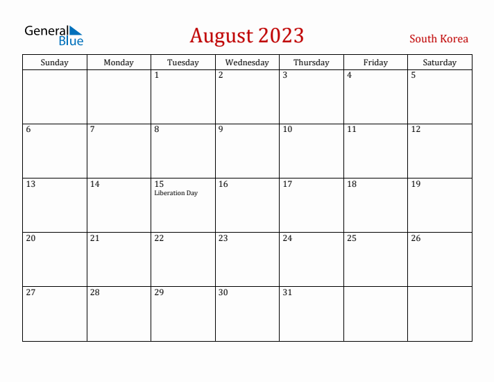 South Korea August 2023 Calendar - Sunday Start