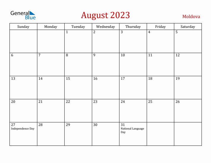 Moldova August 2023 Calendar - Sunday Start