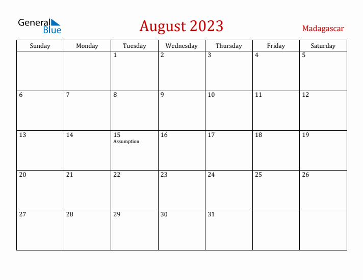 Madagascar August 2023 Calendar - Sunday Start