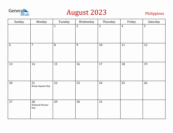 August 2023 Monthly Calendar with Philippines Holidays