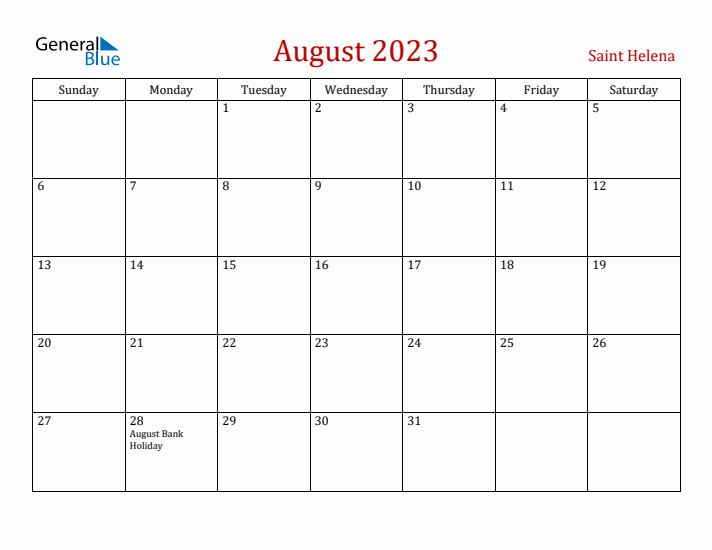 Saint Helena August 2023 Calendar - Sunday Start
