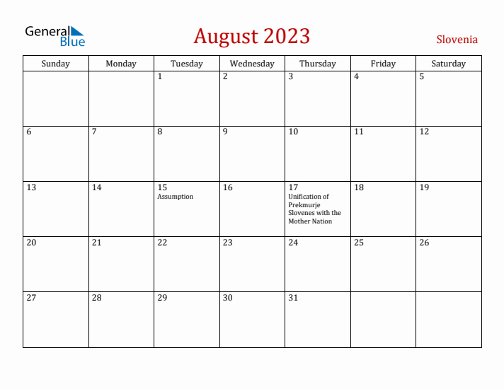 Slovenia August 2023 Calendar - Sunday Start