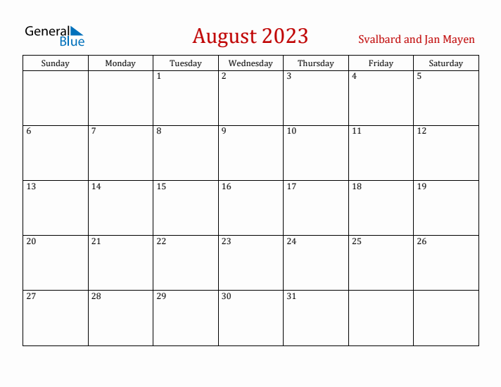 Svalbard and Jan Mayen August 2023 Calendar - Sunday Start