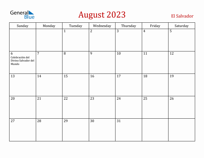 El Salvador August 2023 Calendar - Sunday Start
