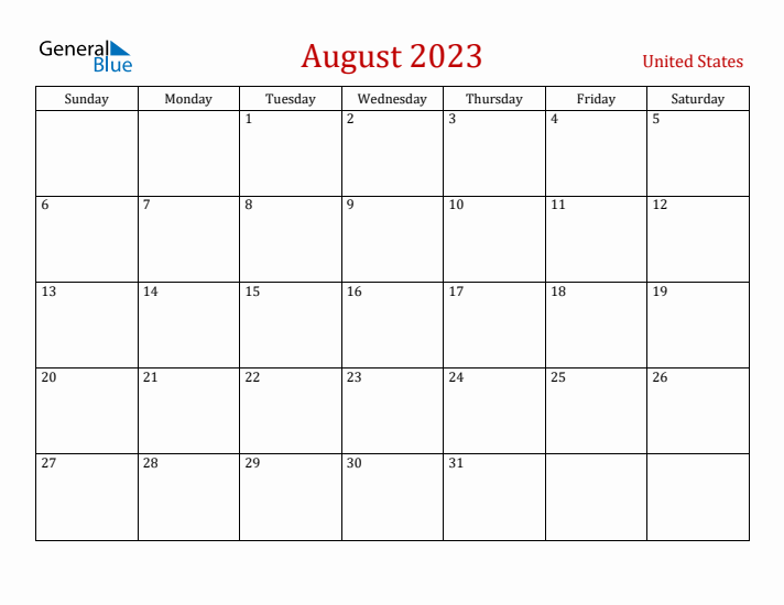 United States August 2023 Calendar - Sunday Start