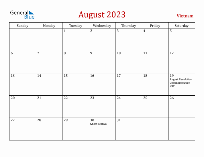Vietnam August 2023 Calendar - Sunday Start