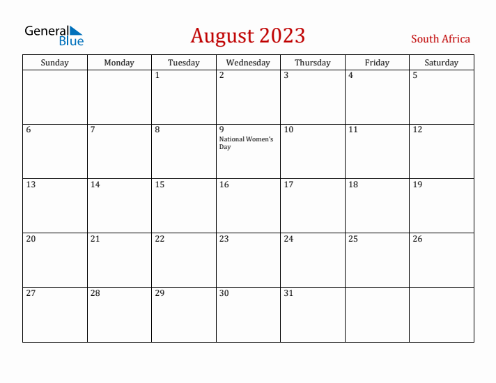 South Africa August 2023 Calendar - Sunday Start