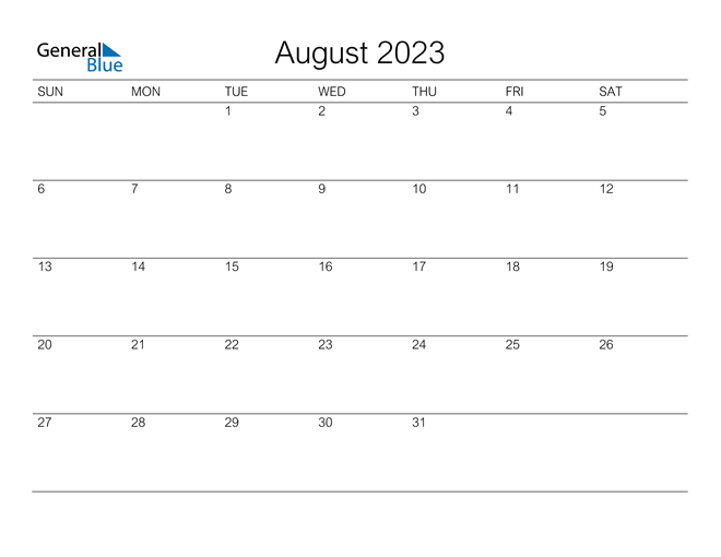 August 2023 Calendar PDF Word Excel 