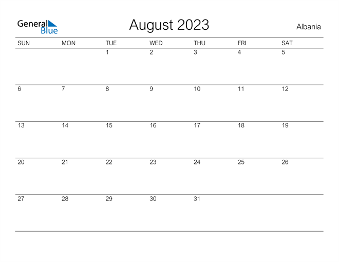 Printable August 2023 Calendar for Albania